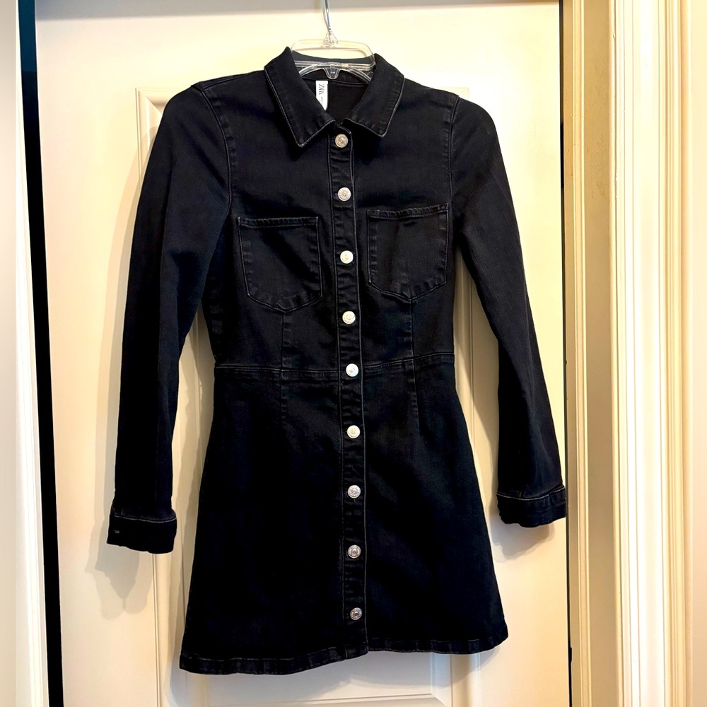 ZARA Black Denim Long Sleeve Mini Dress